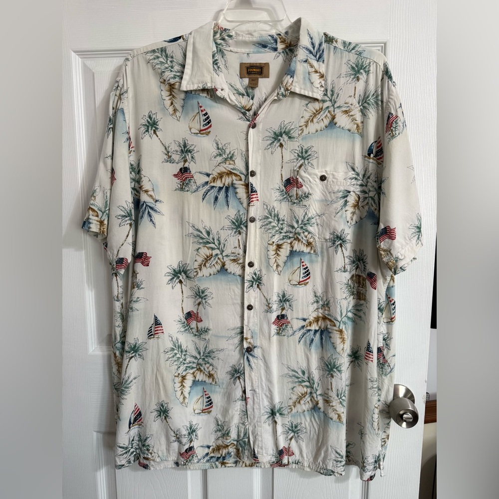 The Foundry Supply Co. Cream and Blue Tropical Print Shirt